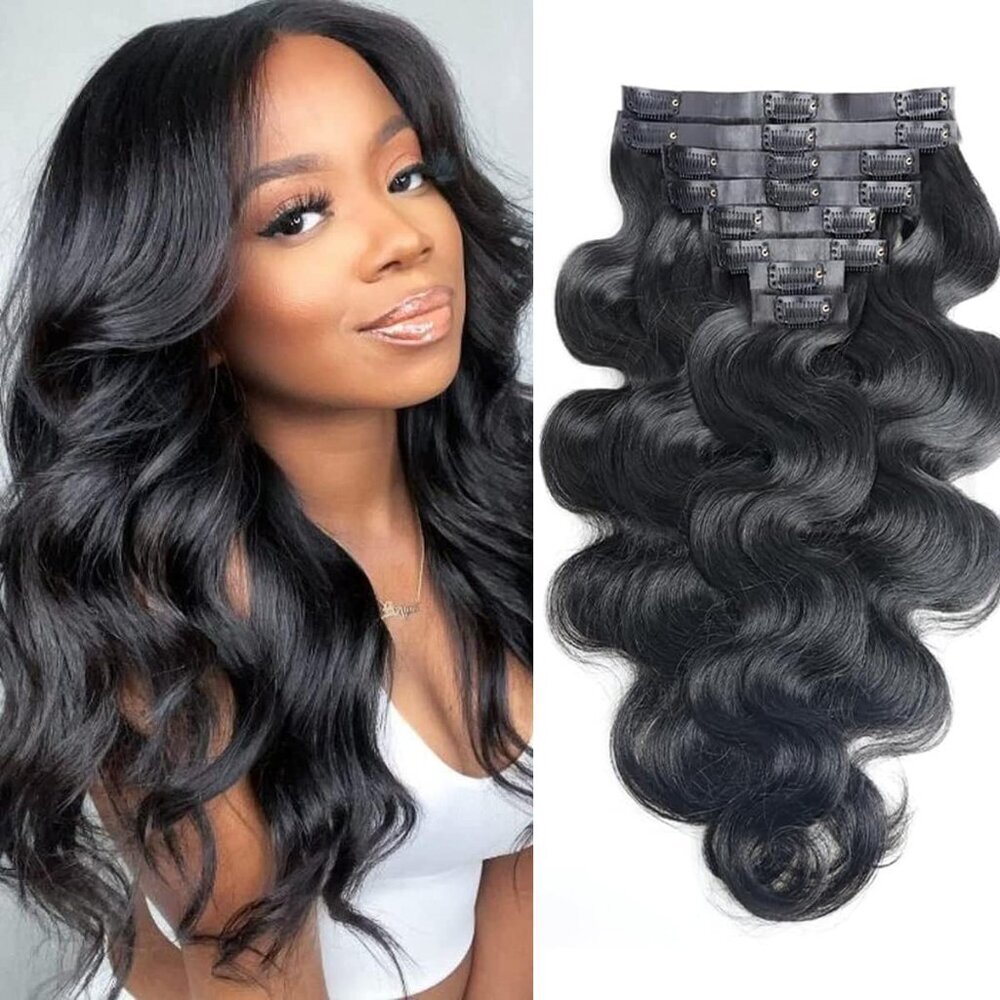 Clip In Hair Extensions Human Hair Wavy 14 Inches Natural Black 8pcs